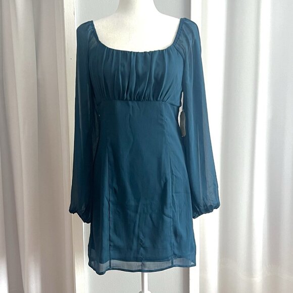 Altar'd State Dresses & Skirts - NWT Altar'd State Teal Blue Sheer Sleeve Square Neck Mini Dress Womens sz M